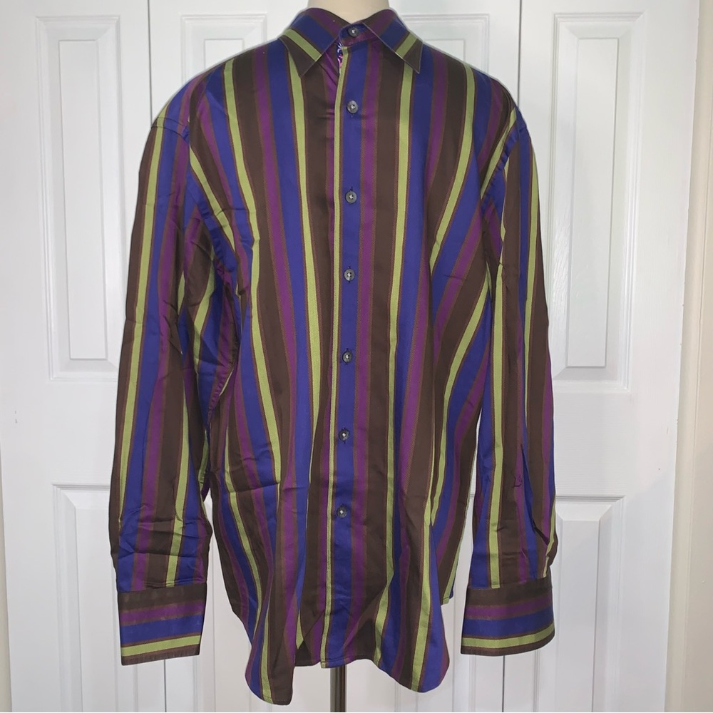 Roberto Graham cotton button up SzLg Purple/Blue/Neon Green flower cuff